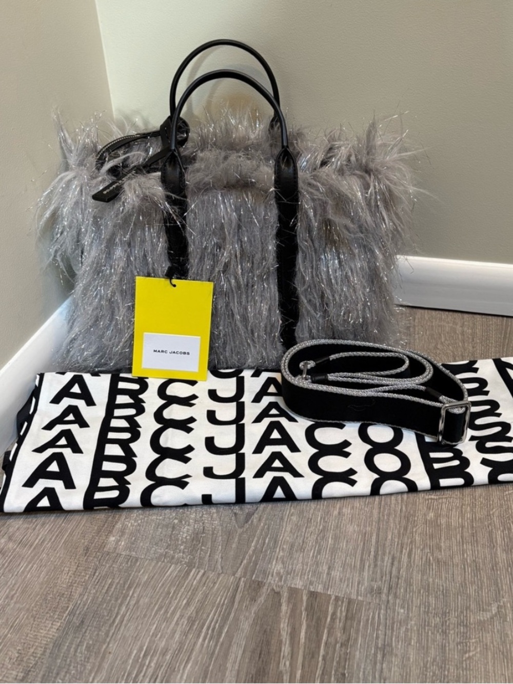 Marc Jacobs The Creature Silver-Gray Faux Fur Tote with Black Leather Straps - Picture 12 of 15